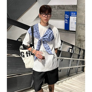 拼接格子布装饰 高品质260克双纱纯棉美式高街短袖T恤 特P35图片