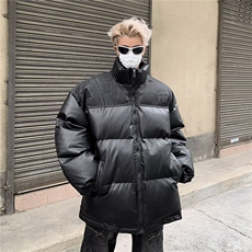 棉服男拼接pu皮短款棉袄外套男秋冬季宽松面包服美式棉衣，男装棉衣，星座716-2