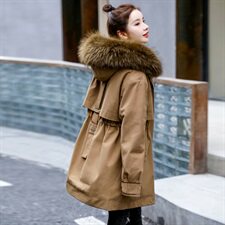 棉衣/棉服2021新款冬仿羊羔毛中长款工装带帽棉服女外套配毛领，女装派克服，瑶迪依秀