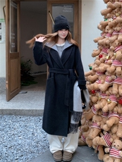 现货新款韩范中长款过膝双面羊绒大衣黑灰色高端毛呢连帽外套，女装双面呢大衣，网红馆