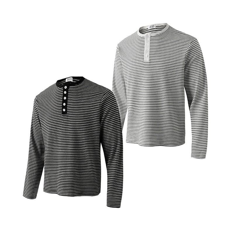 条纹亨利领长袖T恤正肩通勤白色男休闲基础复古打底衫WY0191-P52，男装T恤，星座308B-2