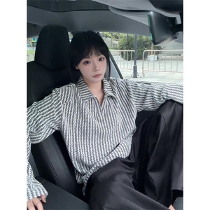 网图鱼骨纹V领polo卫衣秋季新款美式重磅松弛感条纹T恤D475 特P28图片
