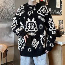针织衫男士韩版潮流福字提花大红色2024冬季新款ins毛衣MZ417-P56，男装针织衫/毛衣，星座412-3