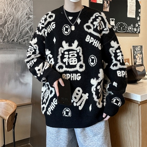 针织衫男士韩版潮流福字提花大红色2024冬季新款ins毛衣MZ417-P56图片