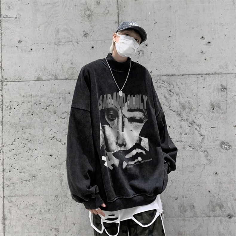 水洗做旧加绒加厚卫衣男23冬高领抽象印花打底衫XZ514-2-X59-P78,男装T恤,星座514-2(原B239)