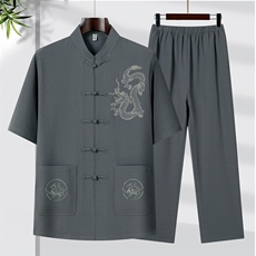 2025夏季薄款高端风绣花冰丝短袖衬衫唐装汉服套装9039-P85，男装衬衫，星座1105-3