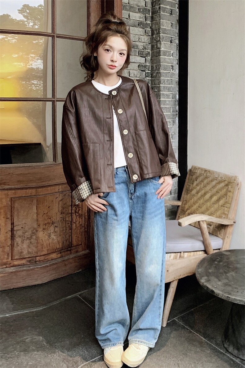 咖色复古短款皮衣外套女2025春季新款小个子炸街又酷又飒机车夹克,女装皮衣,2C201