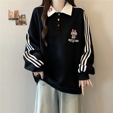 5617-P40潮牌宽松刺绣小狗polo领百搭情侣条纹卫衣，男装卫衣，星座617A-2