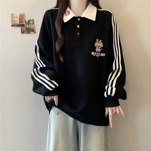 5617-P40潮牌宽松刺绣小狗polo领百搭情侣条纹卫衣图片