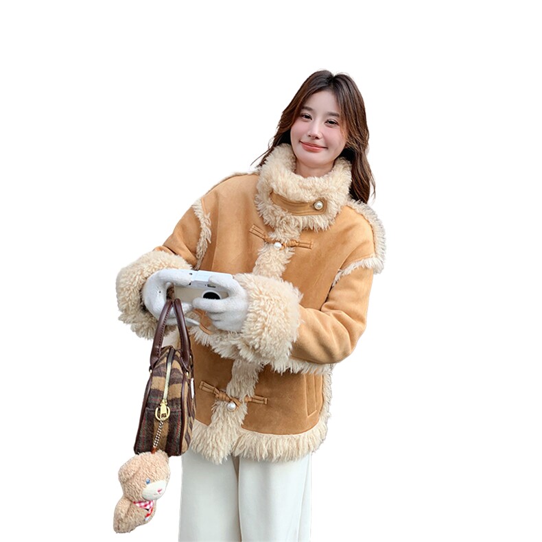 麂皮绒皮毛一体羊羔毛外套女2024冬新款时尚宽松毛茸茸机车服棉服,女装羊羔毛/颗粒绒,秋水欣儿
