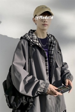 2025春款潮牌假两件格子港风大码boy连帽休闲夹克外套J6818-P75，男装夹克，电商A001-1