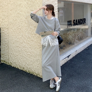 韩系运动休闲套装女2025秋季新款时尚蕾丝上衣卫衣半身裙三件套图片