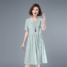 2021圆领印花文艺连衣裙抽皱棉质韩版减龄舒适套头裙子，女装连衣裙，伊满意