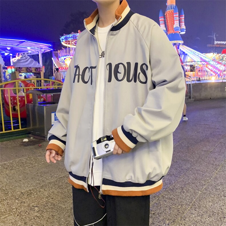 J605P30港风外景2024秋季新款字母印花三色领立领夹克情侣外套,男装夹克,电商A026-1