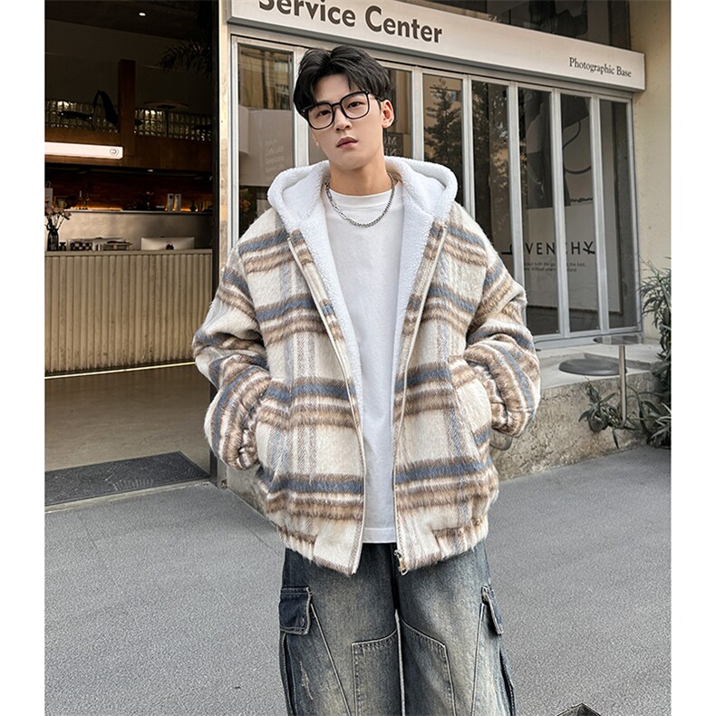 秋冬款格子款羊羔毛棉服加绒连帽加厚外套A071-5024-P118,男装棉衣,电商A071