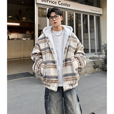 秋冬款格子款羊羔毛棉服加绒连帽加厚外套A071-5024-P118，男装棉衣，电商A071