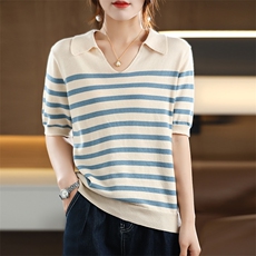 2024新款法式V领条纹短袖上衣休闲百搭，女装针织衫/毛衣，玛莎羊绒