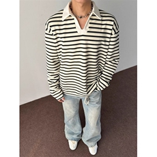POLO领条纹毛衣春秋宽松慵懒风外穿薄款长袖针织衫上衣TA06，男装Polo衫，星座1116A（原606A-3）