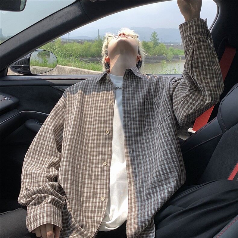 现货~格子大码长袖衬衫C5907/特P23咖啡色,男装衬衫,电商A094
