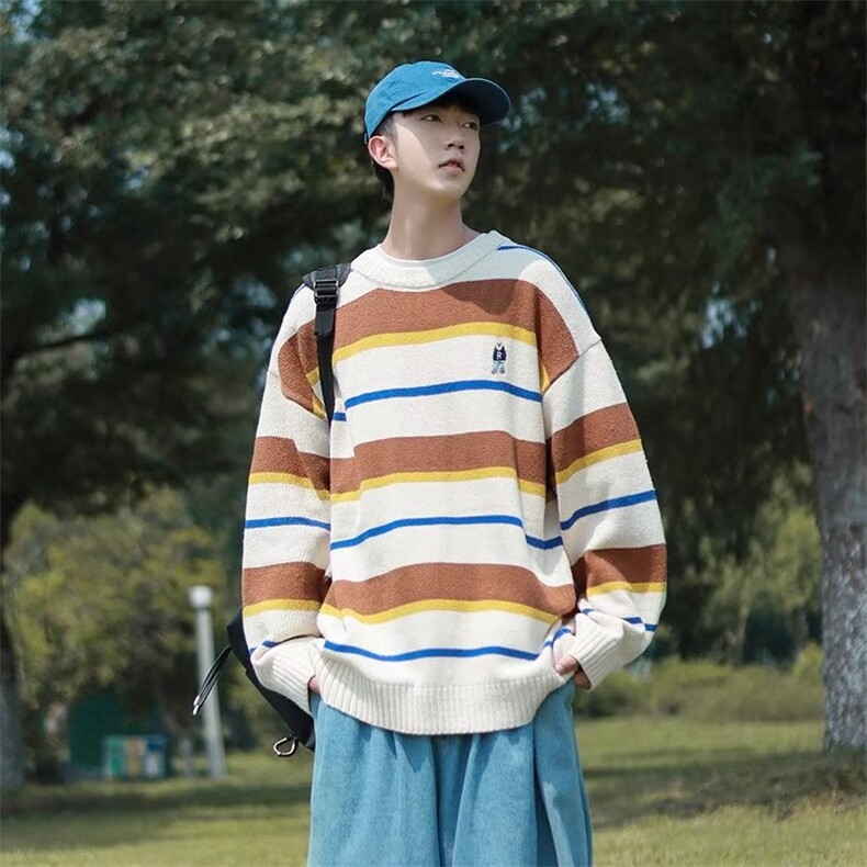 日系圆领套头条纹复古小熊刺绣上衣宽松休闲针织毛衣M874-P41,男装卫衣,星座512-2