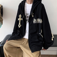 开衫连帽卫衣男春秋美式高街潮牌毛巾绣运动外套oversize情侣上衣，男装卫衣，星座308B-2