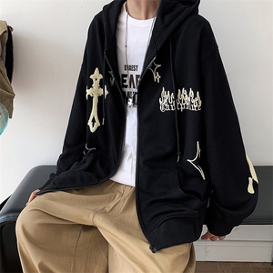 开衫连帽卫衣男春秋美式高街潮牌毛巾绣运动外套oversize情侣上衣图片