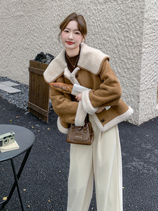 咖色羊羔毛宽松学院风皮毛一体外套韩系减龄棉服6086P195K288图片