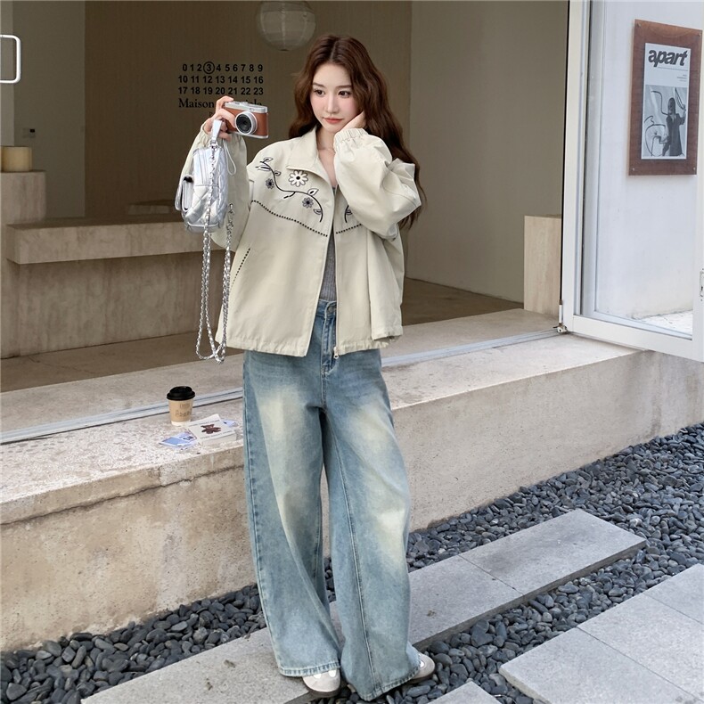 韩系休闲刺绣外套女2025秋季新款小众学院风慵懒风宽松气质夹克,女装风衣,2C057
