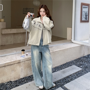 韩系休闲刺绣外套女2025秋季新款小众学院风慵懒风宽松气质夹克图片