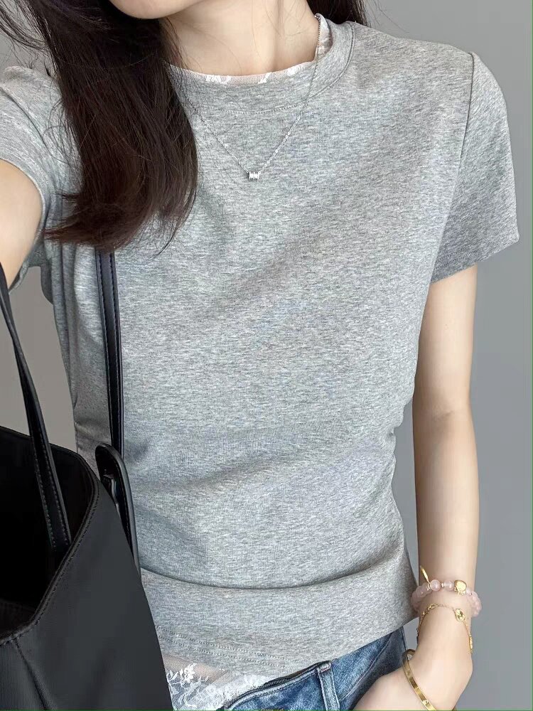 夏季新款洋气蕾丝拼接腰部抽褶显瘦短袖T恤,女装T恤,湘姗
