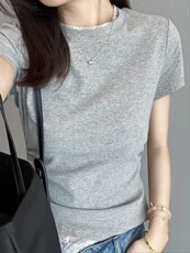 夏季新款洋气蕾丝拼接腰部抽褶显瘦短袖T恤，女装T恤，湘姗