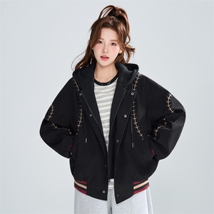 2026春季宽松复古明线刺绣假两件潮流百搭外套女XZ309 JK8006 P95图片