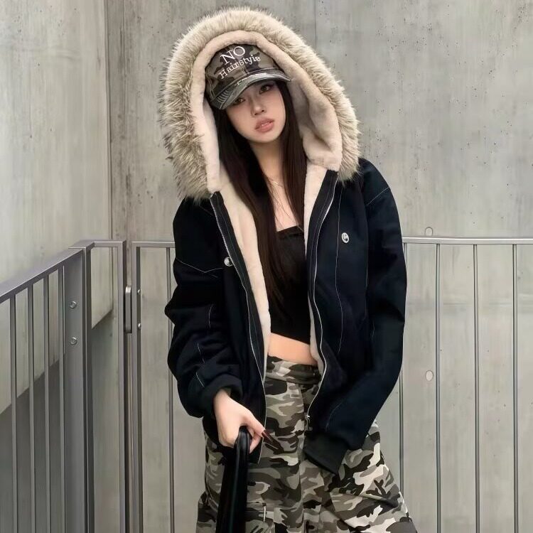 美式复古座山雕加绒棉服外套男女冬季毛领连帽短款情侣棉衣图片
