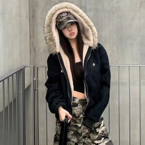 美式复古座山雕加绒棉服外套男女冬季毛领连帽短款情侣棉衣图片