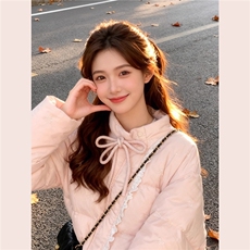 蕾丝拼接棉服外套女2025年新款冬季韩系高级感粉色蝴蝶结系带棉衣，男装棉衣，星座506A