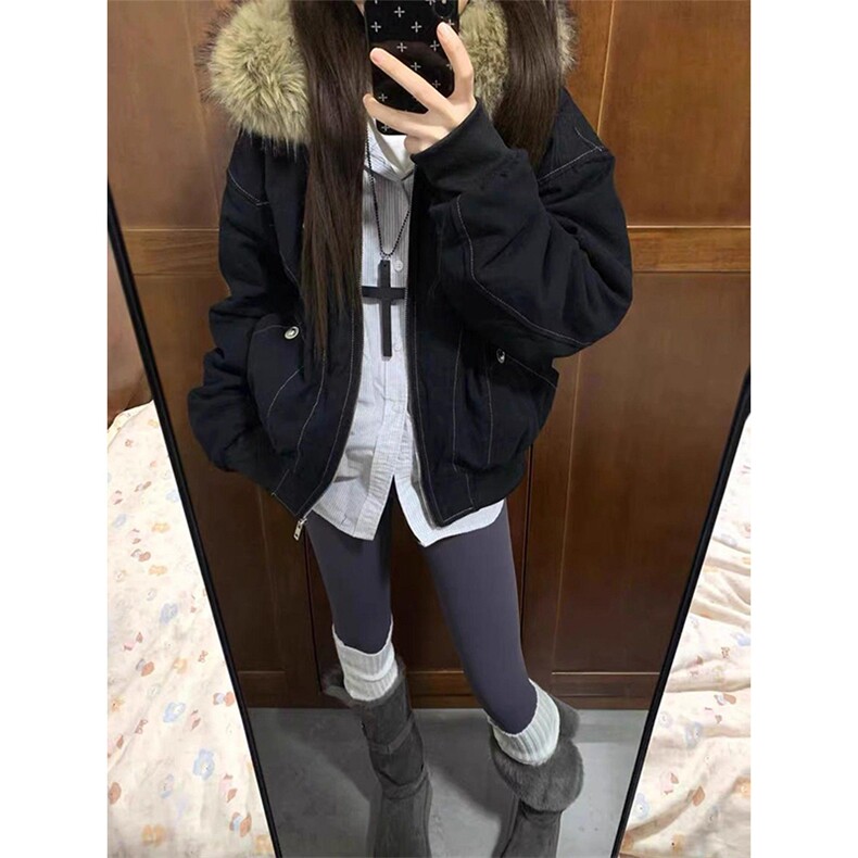 现货重磅boxy短款棉衣座山雕大毛毛领男女棉服水洗工装厚外套图片