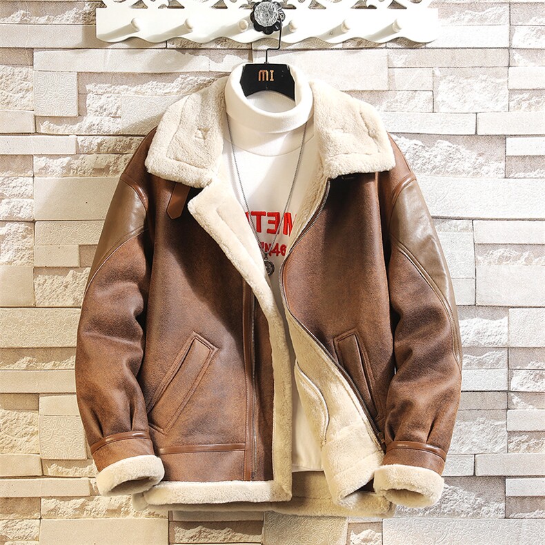 皮毛一体秋冬季羊羔绒棉衣外套加厚机车皮夹克A203-8907P215，男装夹克，电商A203-1