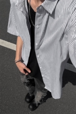 B221美式ins高街宽松薄款条纹短袖衬衫SY2552-特P28控49，男装T恤，电商B221