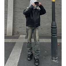 美式ins高街hiphop重工艺水洗微喇复古蓝牛仔裤货号K2320P55控78，男装牛仔裤，电商A063