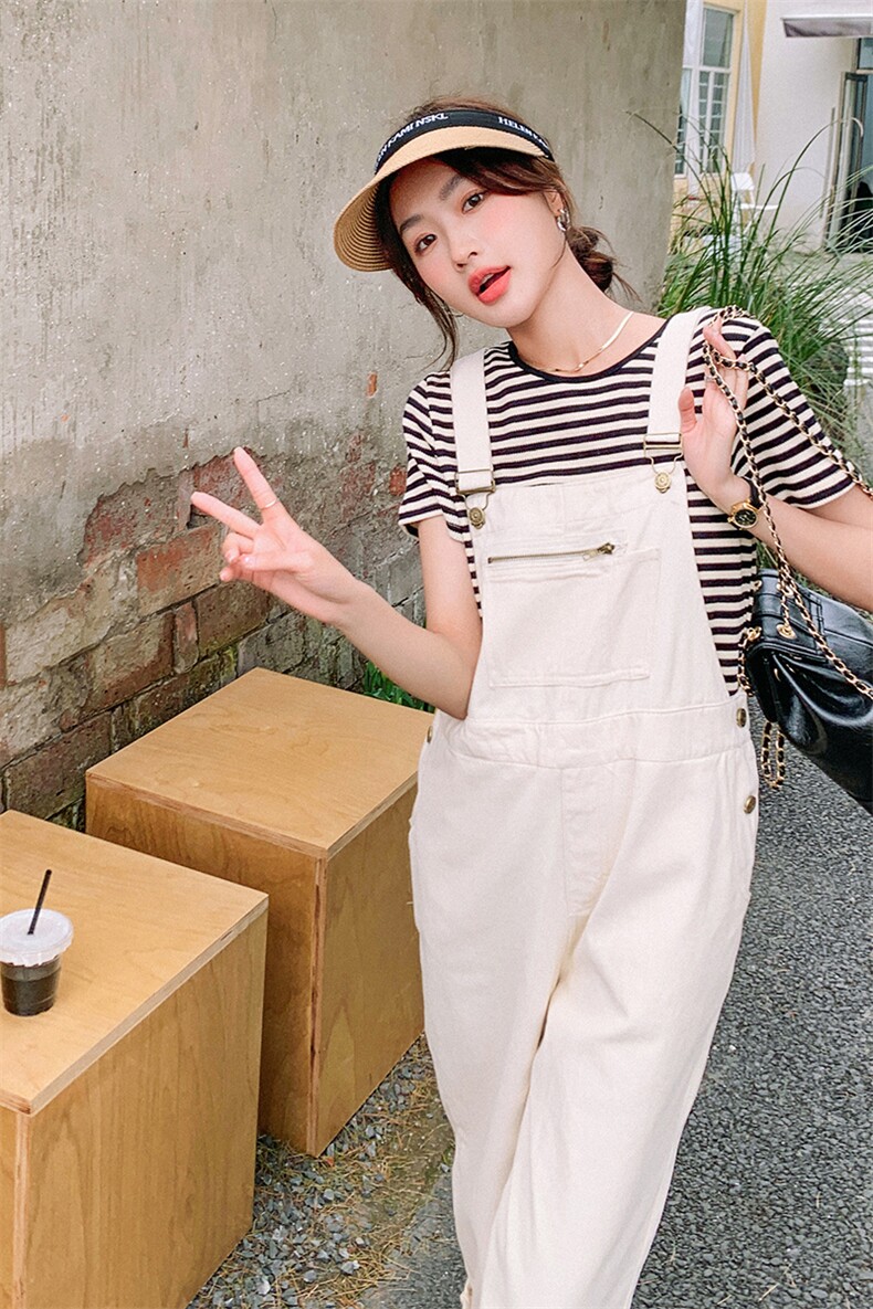 2023夏季新款休闲宽松减龄纯色背带裤?条纹短袖T恤两件套套装女,女装连体裤,辉之琳