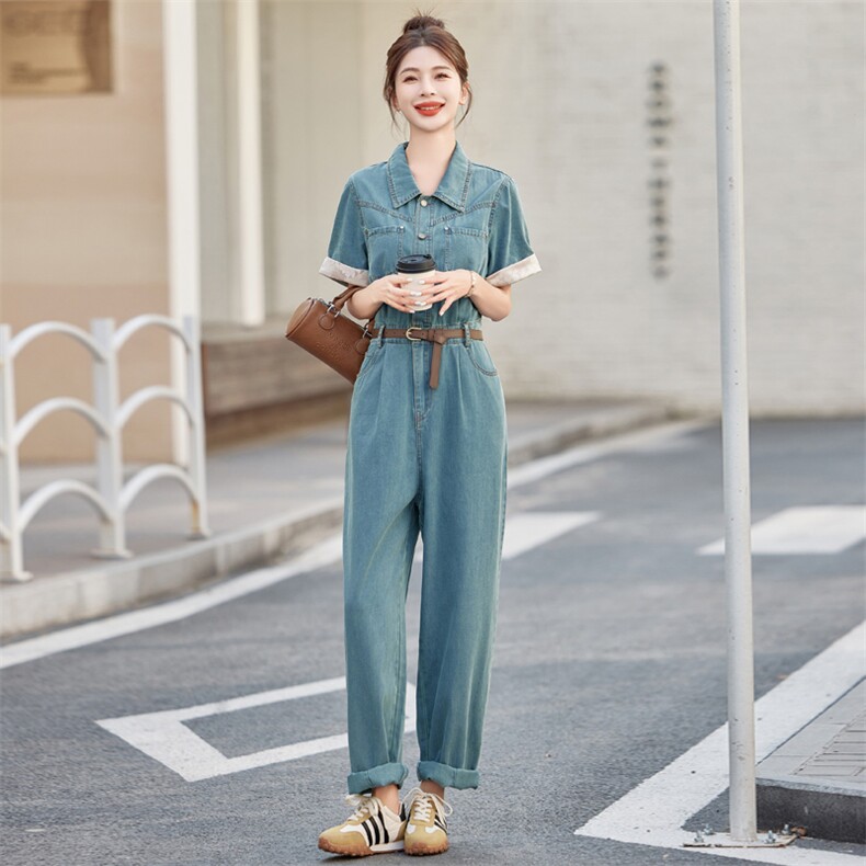美式复古Polo领牛仔连体裤女夏季2026新款收腰显瘦直筒阔腿拖地裤,女装连体裤,微微衣阁