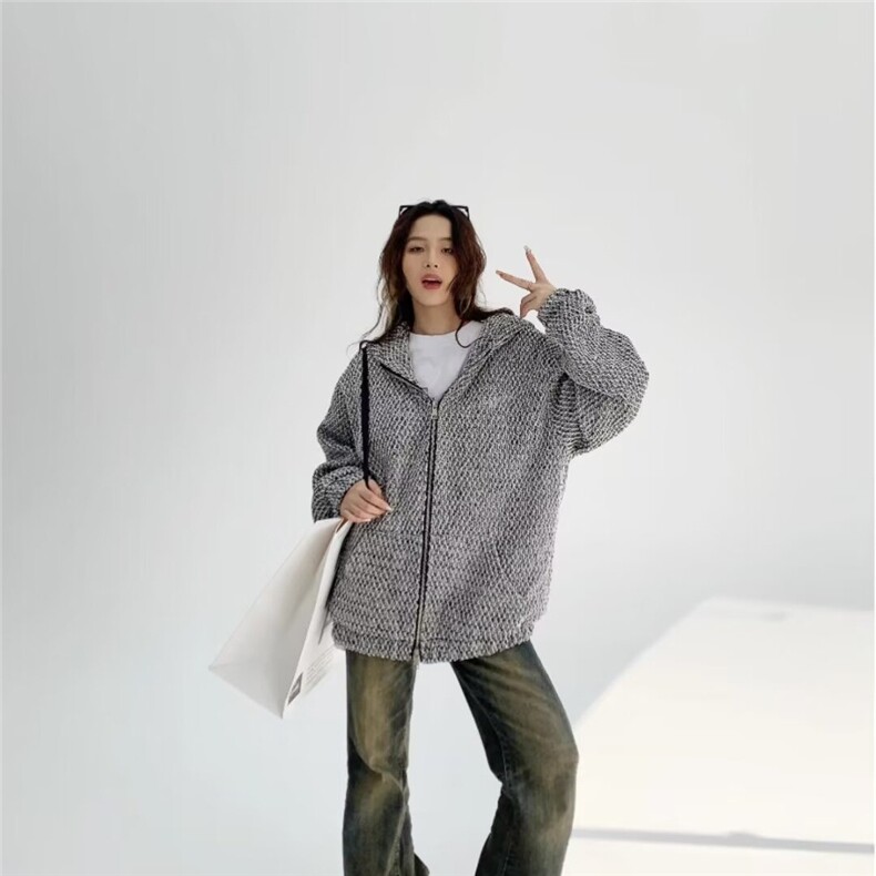 2025年美式连帽卫衣开衫男女春秋新款编织肌理设计感小香风外套,男装夹克,星座1210-1