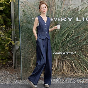 欧货时尚牛仔套装女高级感2025春夏新款气质显瘦马甲阔腿长两件套图片