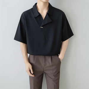 小伙立领纯色衬衫男休闲宽松风刺绣衬衣轻熟风A236-82578-P45