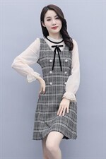 2021春季新款简约时优雅气质蕾丝拼接格子修身假两件套连衣裙，女装连衣裙，瑶迪依秀