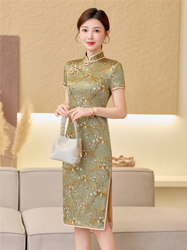 杭州品质真丝中长裙复古印花连衣裙女春夏日常修身潮流真丝旗袍,女装汉服/婚纱/旗袍/礼服,小荷流