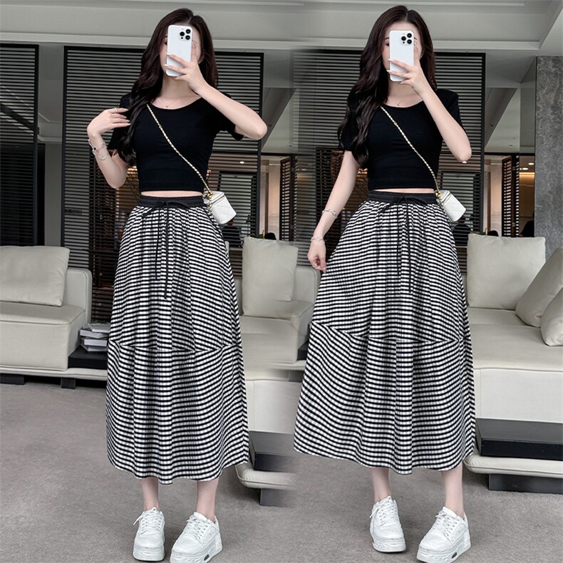 水衣源2719款半身裙女夏季新款A字版显瘦伞裙格纹气质半裙，女装半身裙，水衣源