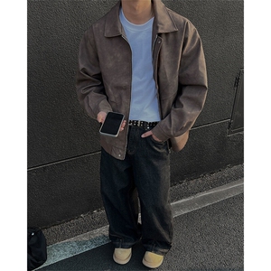 春秋外景重磅个性青年皮衣翻领外套男潮宽松情侣机车夹克J01/P100图片