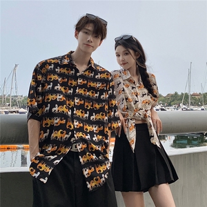 EQ408 卡通图案夏季情侣装短袖衬衫男女沙滩旅游度假衬衣图片