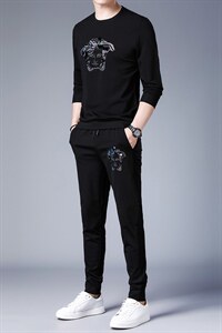 中青年运动套装男士2023春秋季休闲圆领印花长袖T恤上衣两件套图片